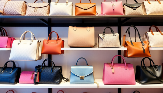 A display of luxury and affordable handbags on shelves