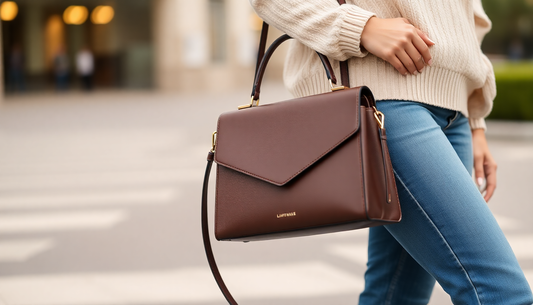 A stylish woman holding an affordable luxury handbag