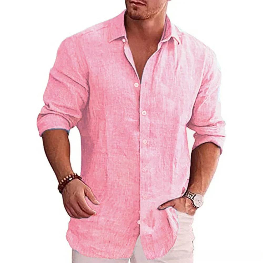 Casual pink linen shirt featured in stylish men's clothing online collection perfect for relaxed summer looks
