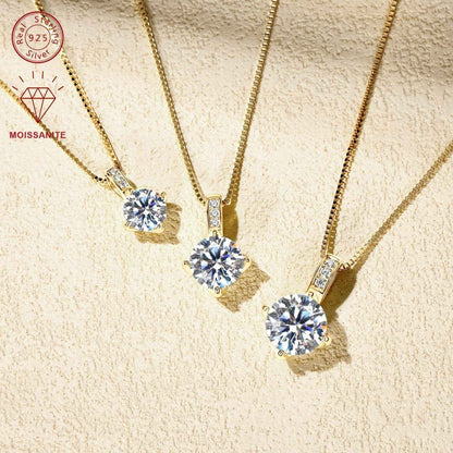 Elegant 1.0/2.0/3.0 Carat D Color Round Moissanite Pendant Necklace, 925 Sterling Silver with 14K Golden Plating, Adjustable Box Chain, April Birthstone, Synthetic Stone, Luxury Daily & Gift Jewelry, 0.8g
