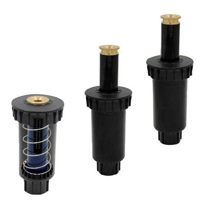 Qoraheyhub 360 degree stretch scattering sprinkler black with brass top showing internal spring mechanism