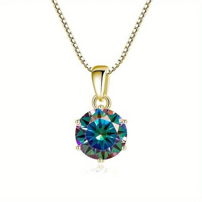 1 Carat Moissanite Pendant Necklace, 6.5mm, 925 Sterling Silver, 14K Golden Plated, Elegant Fashion Jewelry for Women, Ideal for Daily Wear and Gift Giving, Mother's Day, Valentine's, Engagement, Wedding, Anniversary, Birthda Jewelrieshub 100 Faced Cut / 1.0CT-6.5mm Rainbow / 1.0CT-6.5mm Rainbow Color / 1.0CT-6.5mm 100 Faced Cut / 1.0CT-6.5mm-Rainbow / 1.0CT-6.5mm-Rainbow Color / 1.0CT-6.5mm-Golden Yellow / 1.0CT-6.5mm-Gray / 1.0CT-6.5mm-