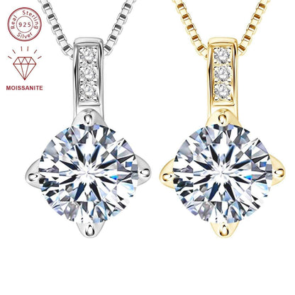 Elegant 1.0/2.0/3.0 Carat D Color Round Moissanite Pendant Necklace, 925 Sterling Silver with 14K Golden Plating, Adjustable Box Chain, April Birthstone, Synthetic Stone, Luxury Daily & Gift Jewelry, 0.8g