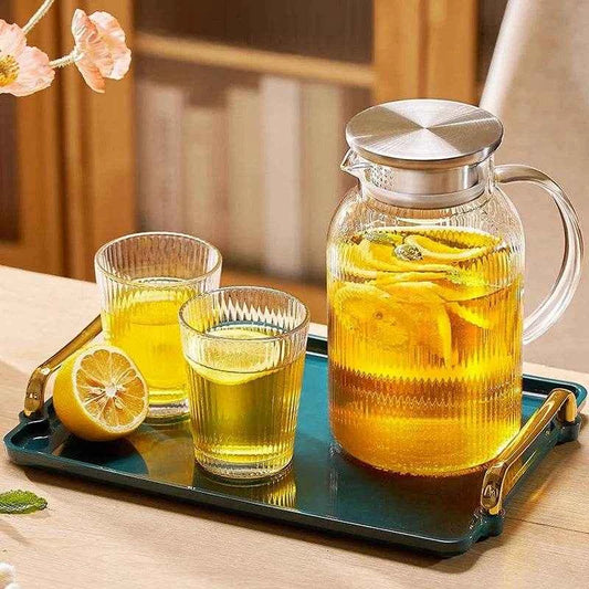 1.6L Heat Resistant Glass Cold Water Kettle And Cups Transparent Stripe Coffee Teaware Stainless Steel Lid Jug Kitchen Accessory