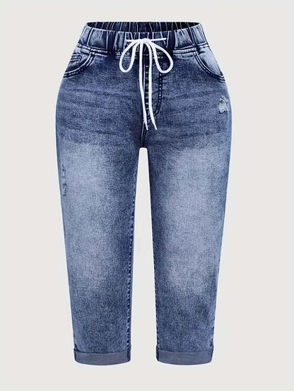 Y2K Style Women's Peacock Blue Stretch Mid-Rise Capri Jeans - Summer Casual Distressed Denim with Drawstring Waist