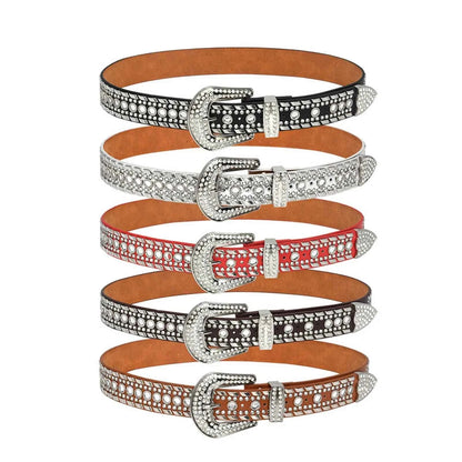 Women'S Rhinestone Bling Leather Belts For Jeans Pants Fashion Silver Buckle Leather Belt Key Ring Holder Cowboy ремень Y2k