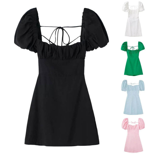 Women Fitted Dresses Square Neck Bubble Sleeve Shrink Pleated Chest Long Sleeve Long Dresses For Women Casual Vestidos Midi - Jewelrieshub - White / XL / CN - jewelrieshub.com - Jewelrieshub - White / XL / CN