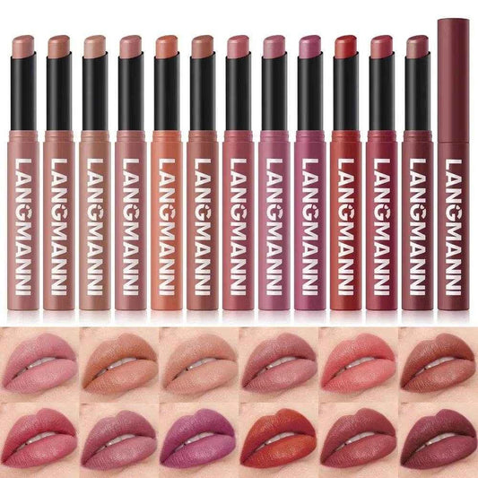 12 Color Matte Lipstick Pencil Waterproof Long Lasting Non-Stick Cup Lip Stain Tint Cosmetic Nude Lipstick Pen Makeup Maquillage