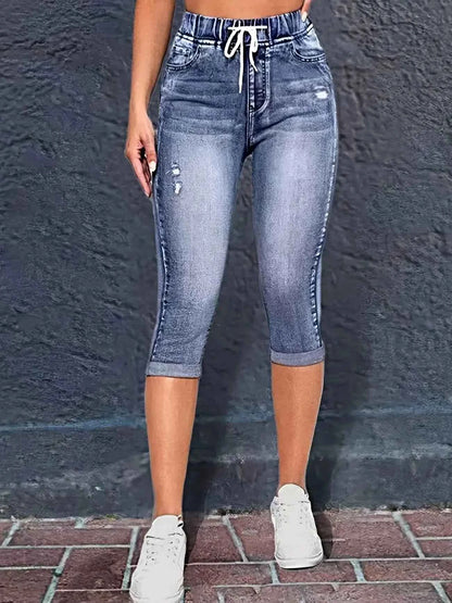 Y2K Style Women's Peacock Blue Stretch Mid-Rise Capri Jeans - Summer Casual Distressed Denim with Drawstring Waist