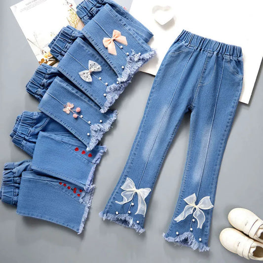 2024 New Autumn Elastic Kids Jeans Girls Cute Leisure Bow Denim Blue Children Flared Pants teenage Girl Clothes Trousers 3-12Y - Qoraheyhub