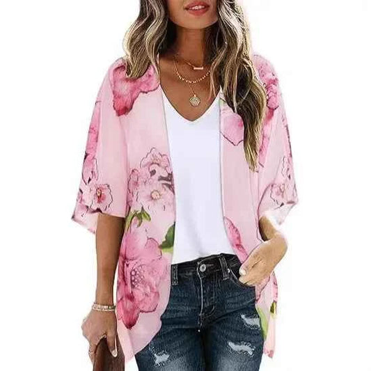 Floral Print Bubble Sleeve Loose Kimono Style Women's Chiffon Casual Top Elegant Female Fashion Soft Material Comfortable Fit