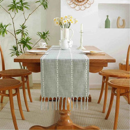 Cotton Linen Blended Table Runner,Hand-woven Tassels Perfect for Wedding Arched Door Party Dinner Table Decor