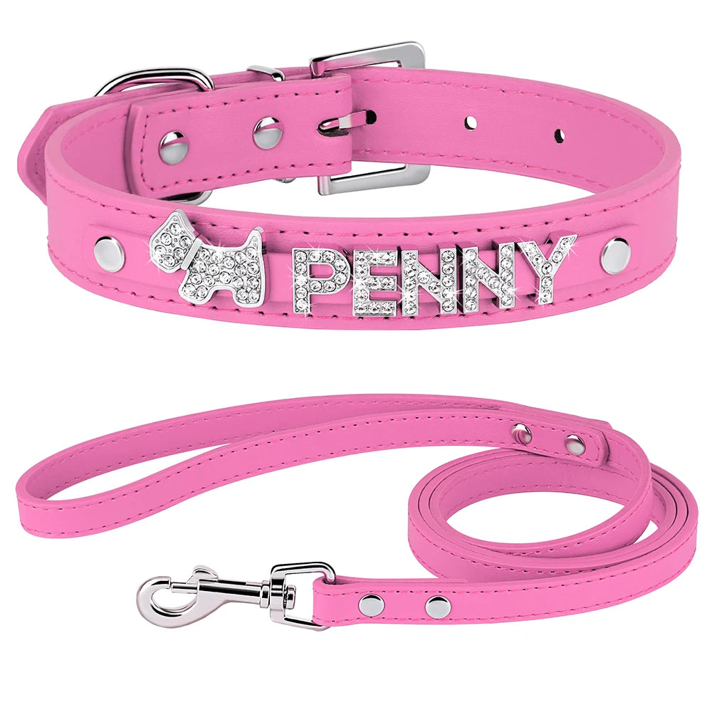 Custom PU Leather Dog Collar Leash Set Personalized DIY Name Charms Collars Bling Rhinestone Pet Necklace For Small Medium Dogs