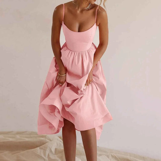 Dresses For Girls Women Sleeveless Sling Long Summer Solid Color Elegant Square Collar Backless A Line Bandage Dress Sexy