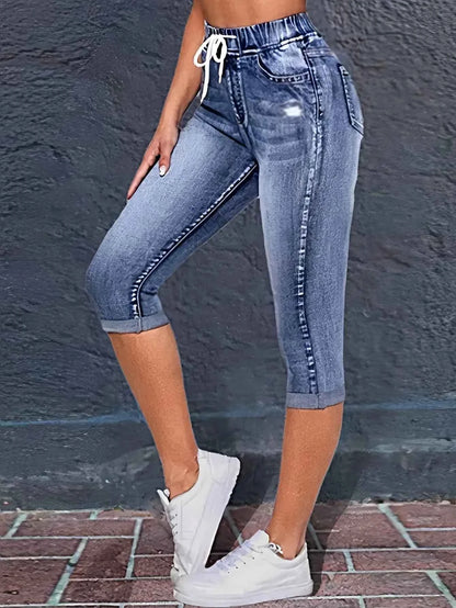 Y2K Style Women's Peacock Blue Stretch Mid-Rise Capri Jeans - Summer Casual Distressed Denim with Drawstring Waist