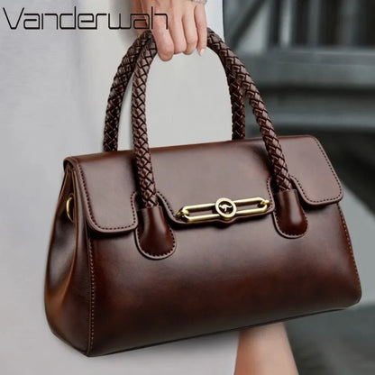Retro High Quality Oil Leather Women Top-handle Shoulder Bags Vintage Casual Totes Latest Trendy Lock Designer Handbag Small
