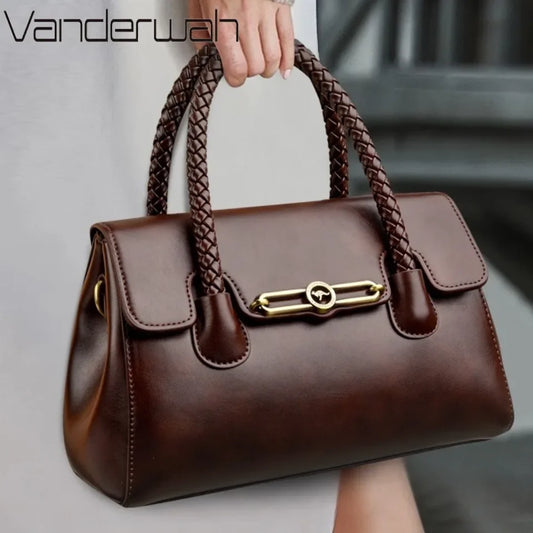 Retro High Quality Oil Leather Women Top-handle Shoulder Bags Vintage Casual Totes Latest Trendy Lock Designer Handbag Small