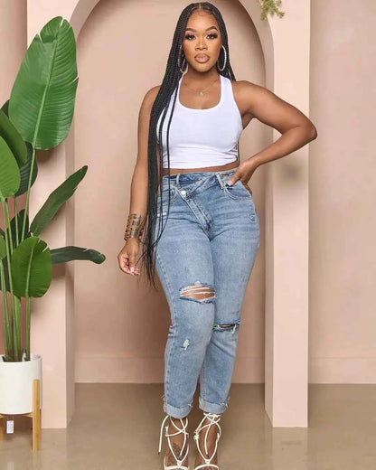 Jeans Women denim pant Cuffs Hole Distressed Ankle Length Straight Pants Washed Ripped Casual Denim High Waist Loose 2025