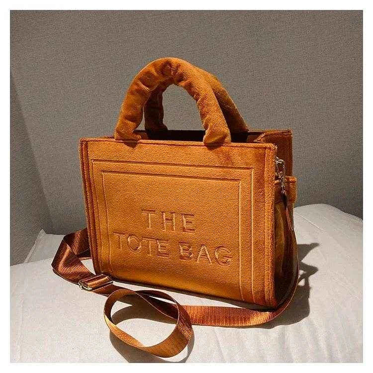 2025 Women's Khaki Velour Tote Bag Original Letter Print Medium Ladies Brand Shopper Handbag Female Square Medium Shoulder Bags