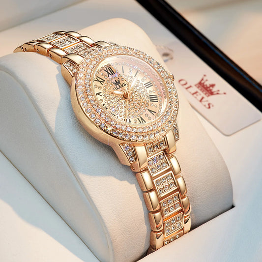 OLEVS Original Diamond Watch for Women Fashion Elegant Stainless Steel Waterproof Quartz Wristwatch Luxury Ladies Dress Watches - Qoraheyhub