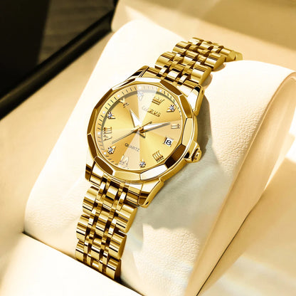 OLEVS Fashion Golden Watch for Women Stainless Steel Waterproof Women's Watches Elegant Original Luxury Ladies Quartz Wristwatch - Qoraheyhub