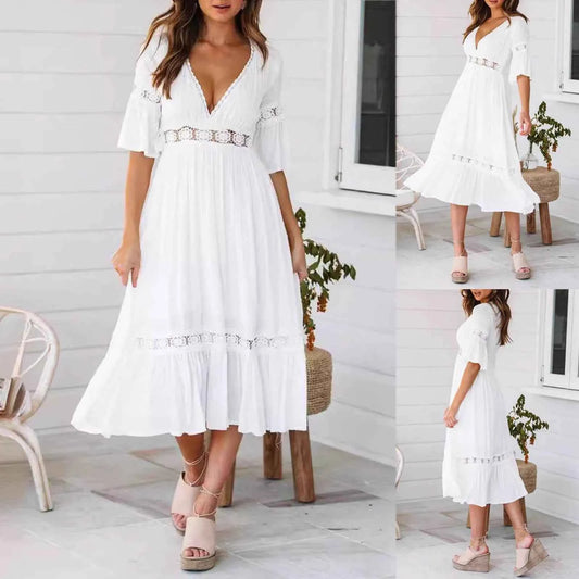 Luxury Women'S Elegant Dress Fashion White Deep V Lace Splicing Summer Comfortable And Cool Dress Wedding Party Outfits