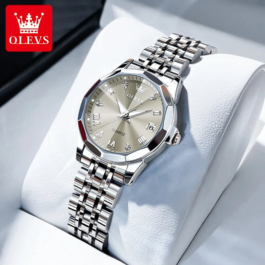 OLEVS Elegant Fashion Women's Watches Luxury Brand Original Quartz Watch for Ladies Waterproof Stainless Steel Luminous Date - Qoraheyhub