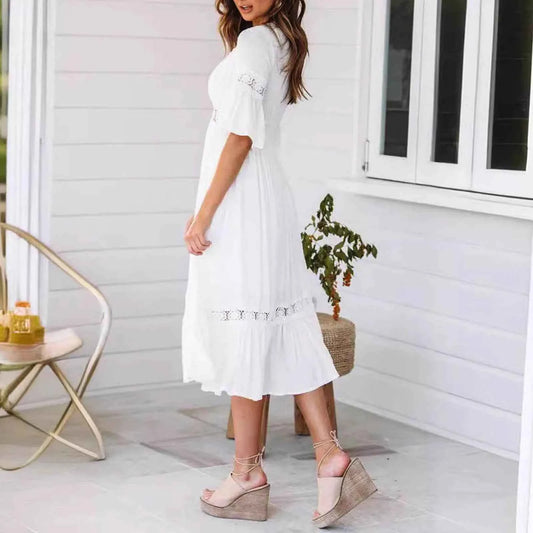 Luxury Women'S Elegant Dress Fashion White Deep V Lace Splicing Summer Comfortable And Cool Dress Wedding Party Outfits