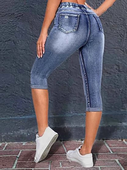 Y2K Style Women's Peacock Blue Stretch Mid-Rise Capri Jeans - Summer Casual Distressed Denim with Drawstring Waist