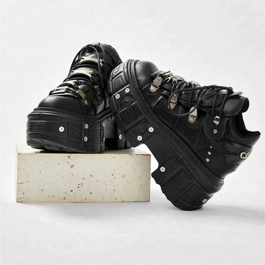 Punk Style Women Black Shoes Rock Metal Decor Lace-up Heel Height Platform Shoes Gothic Man Sneakers Women Ankle Boots 2025 New