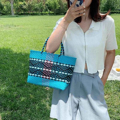 Plastic Woven Women's Handbag Handmade Bohemia Storage Basket Contrast Tote Bag Designer Summer Beach Bag Female Shoulder Bags