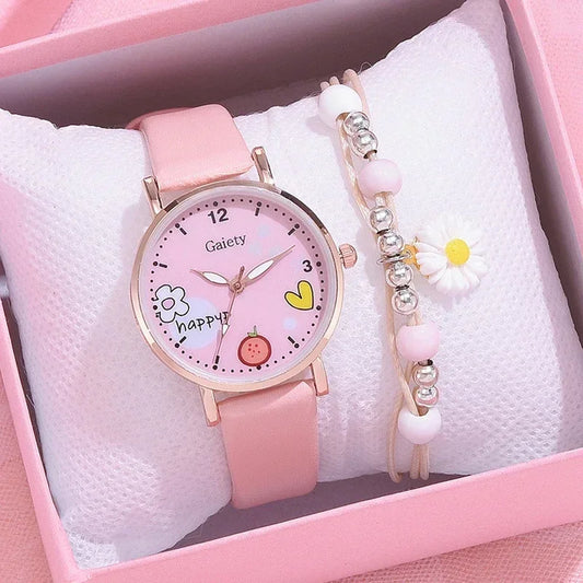 Kids Watches Pink Cute Children's Wristwatch Cartoon Pattern Quartz Watch Set for Girls Fashion Students' Clock Relogio Feminino - Qoraheyhub