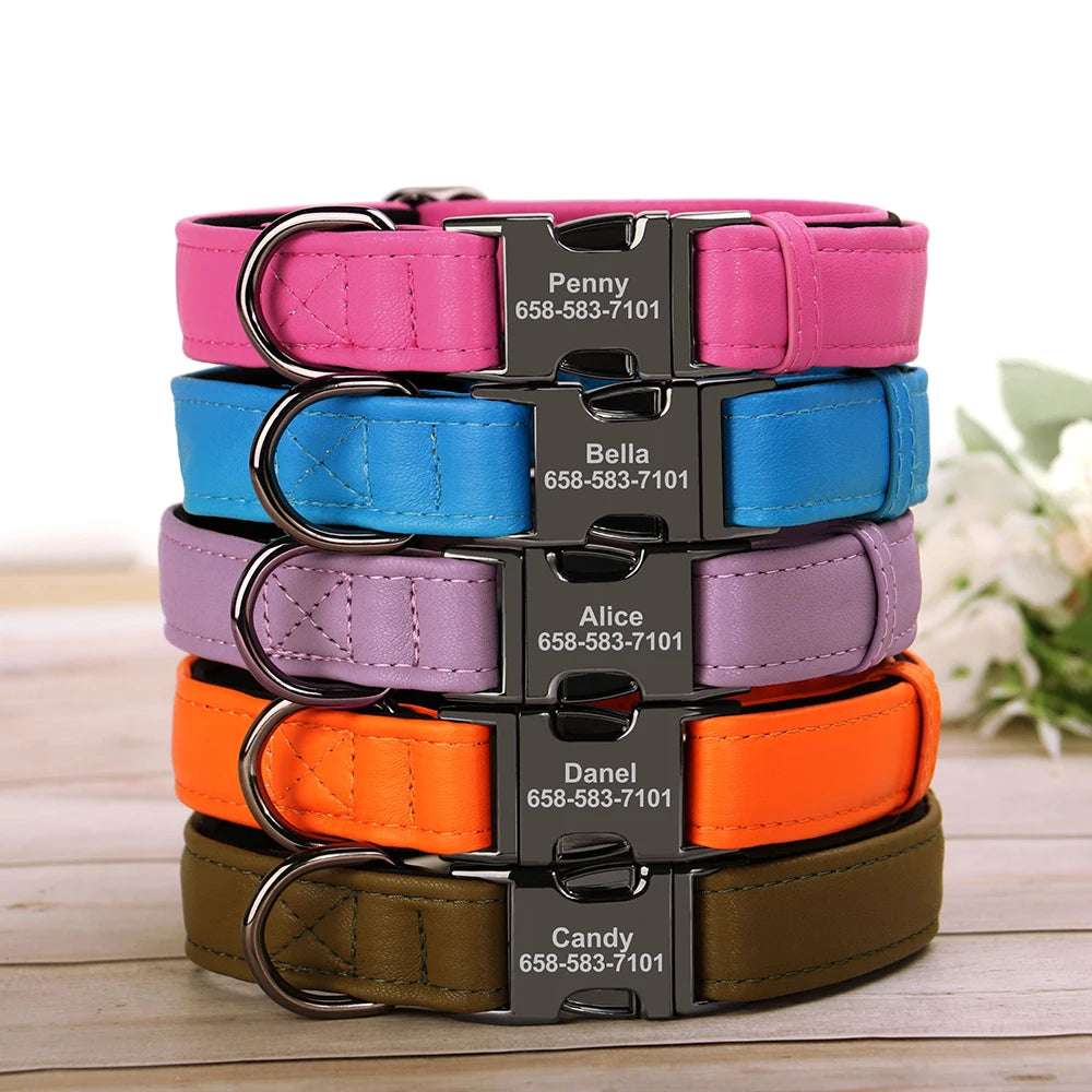 Personalized Dog Collar Custom Dog Name Buckle Collars Soft PU Leather Pet Collars Free Engraved Buckle For Small Medium Dogs