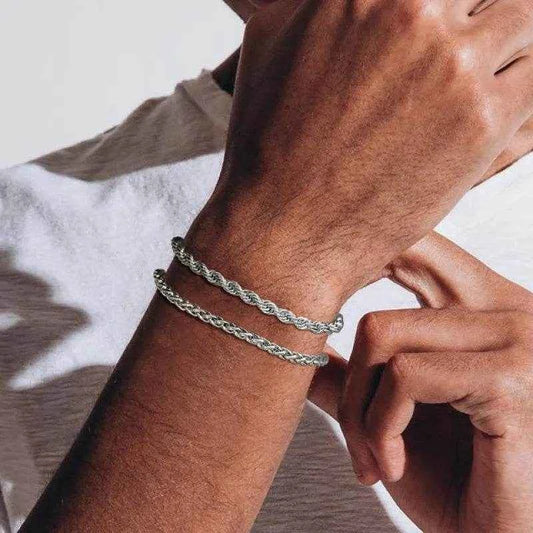 HONGTONG Basic Men's Cuban Twist Rope Chain Bracelets 2 Pcs in One Set, Gold Color Stainless Steel Figaro Wheat Links