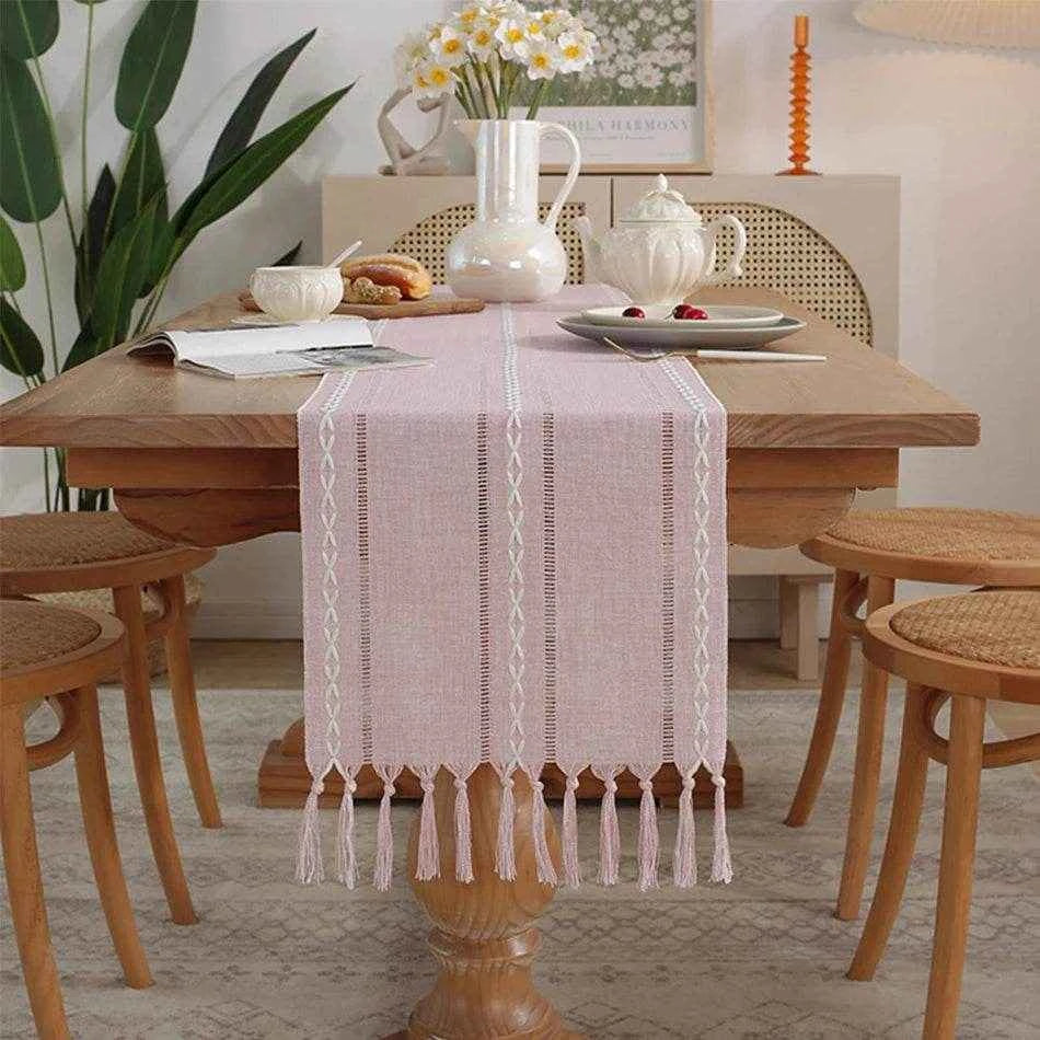Cotton Linen Blended Table Runner,Hand-woven Tassels Perfect for Wedding Arched Door Party Dinner Table Decor