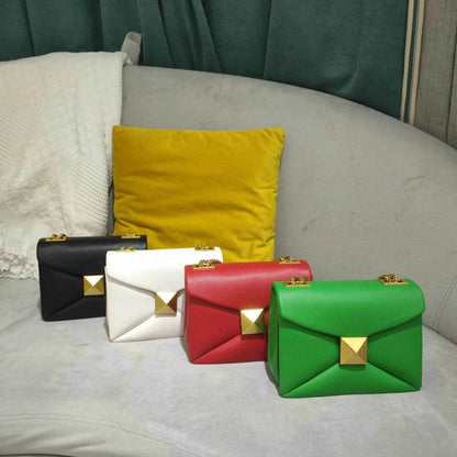 Cowhide Luxury Designer Leather Handbag Golden Big Rivet Chain Shoulder Small Purse Fashion Green Tote Bag Crossbody Women
