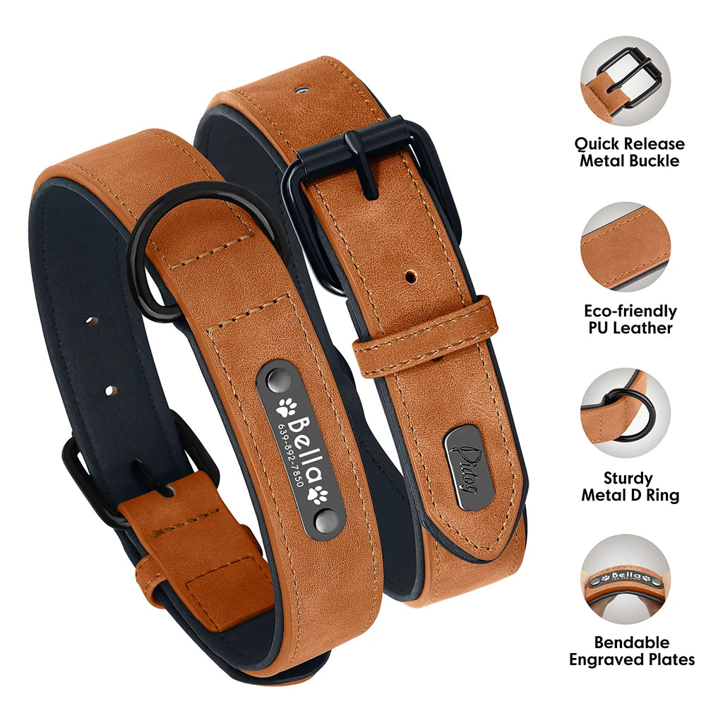 Free Custom Dog Collar Padded PU Leather Dogs Collars Engraved Pet ID Name Necklace Soft for Small Medium Large Dogs Pug Bulldog