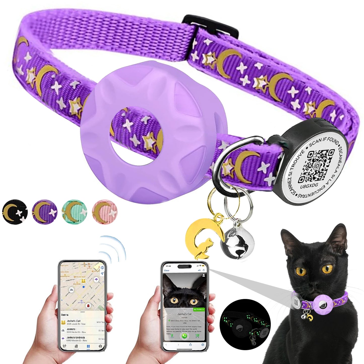 Luminous Airtag cat Collar with Smart Pet ID Tag for Apple Tag, AirTag Holder & Bell for Breakaway Kitten Collar Puppy Cats