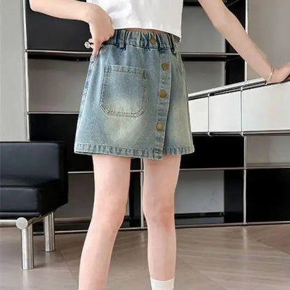 Summer Kids Babys Girls Denim Shorts Loose Outwear Children Girls Jeans Culotte 4-14Yrs Girls School Student Mid-length Pants - Qoraheyhub