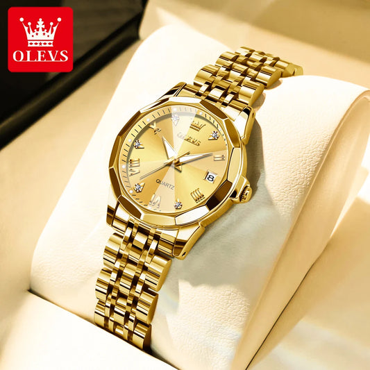 OLEVS Fashion Golden Watch for Women Stainless Steel Waterproof Women's Watches Elegant Original Luxury Ladies Quartz Wristwatch - Qoraheyhub