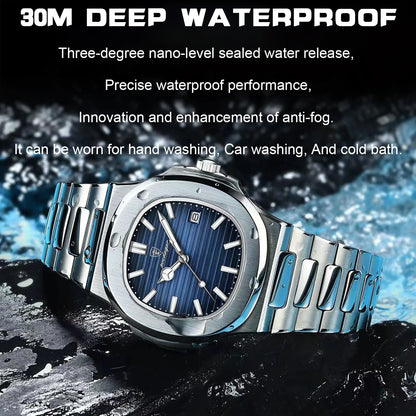 POEDAGAR Square Luxury Men Wristwatch Waterproof Luminous Date Stainless Steel Male Clock Business Sports Quartz Watches For Men - Qoraheyhub