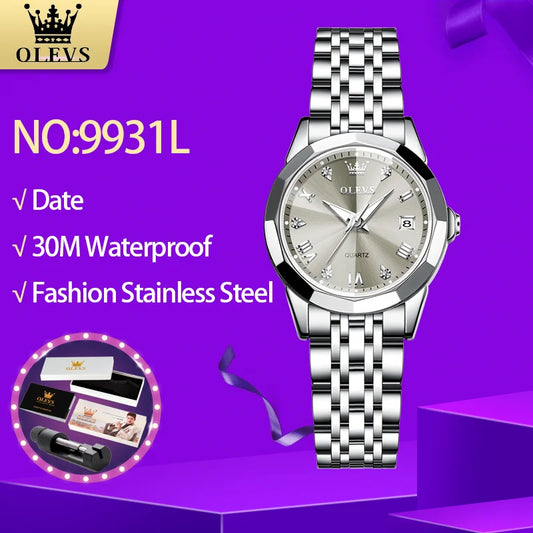 OLEVS 9931 Elegant Fashion Women's Watches Luxury Brand Original Quartz Watch for Lady Waterproof Stainless Steel Luminous Date - Qoraheyhub