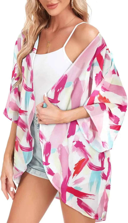 Women's Plus Size Floral Print Lightweight Chiffon Kimono Cardigan Short Sleeve Loose Beach Wear Cover Up Blouse Top Plus Size