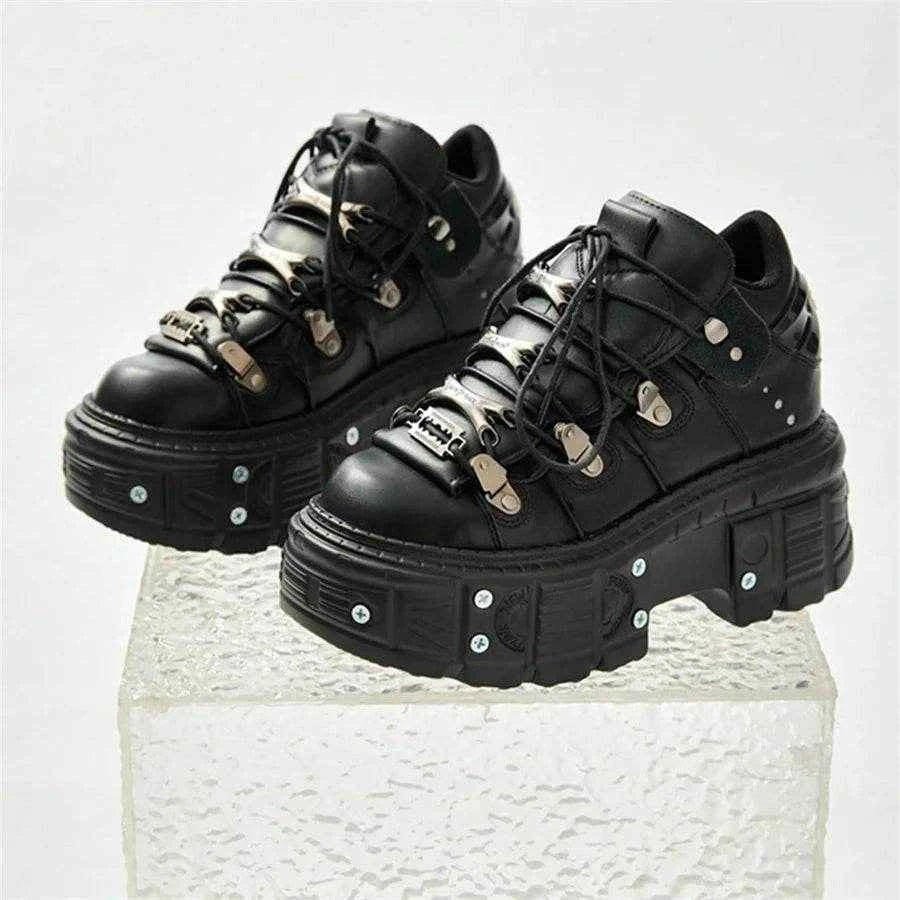 Punk Style Women Black Shoes Rock Metal Decor Lace-up Heel Height Platform Shoes Gothic Man Sneakers Women Ankle Boots 2025 New