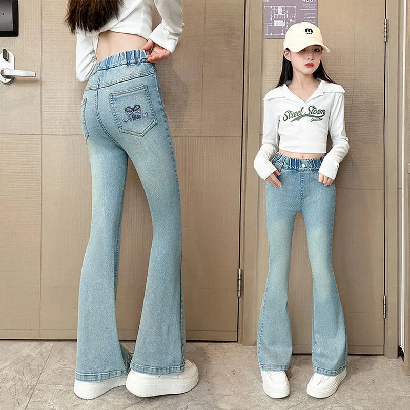 New Bow Embroidery Design Children Flared Jeans For Girls Fashion Street Denim Pants High Quality Kids Baby Trousers 5-14 Y - Qoraheyhub