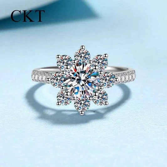 18K White Gold Sunflower 1 Carat Moissanite Ring Women's Ring Elegant Atmosphere Valentine's Day Gift Platinum Pt950 Jewelry