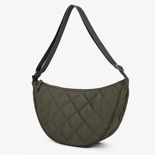 Autumn and Winter Diamond Lattice Single Shoulder Crossbody Bag Fashion Quilted Handbag Portable Nylon Plaid Commuter Travel Bag Qoraheyhub black Dark khaki green black-Dark khaki-green-WHITE-