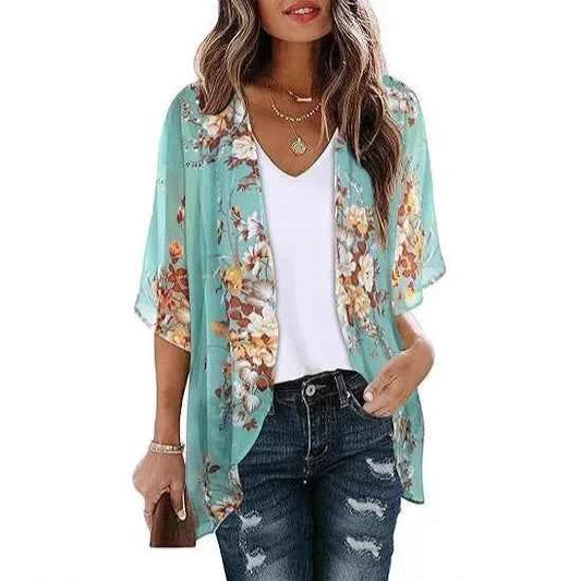 Floral Print Bubble Sleeve Loose Kimono Style Women's Chiffon Casual Top Elegant Female Fashion Soft Material Comfortable Fit
