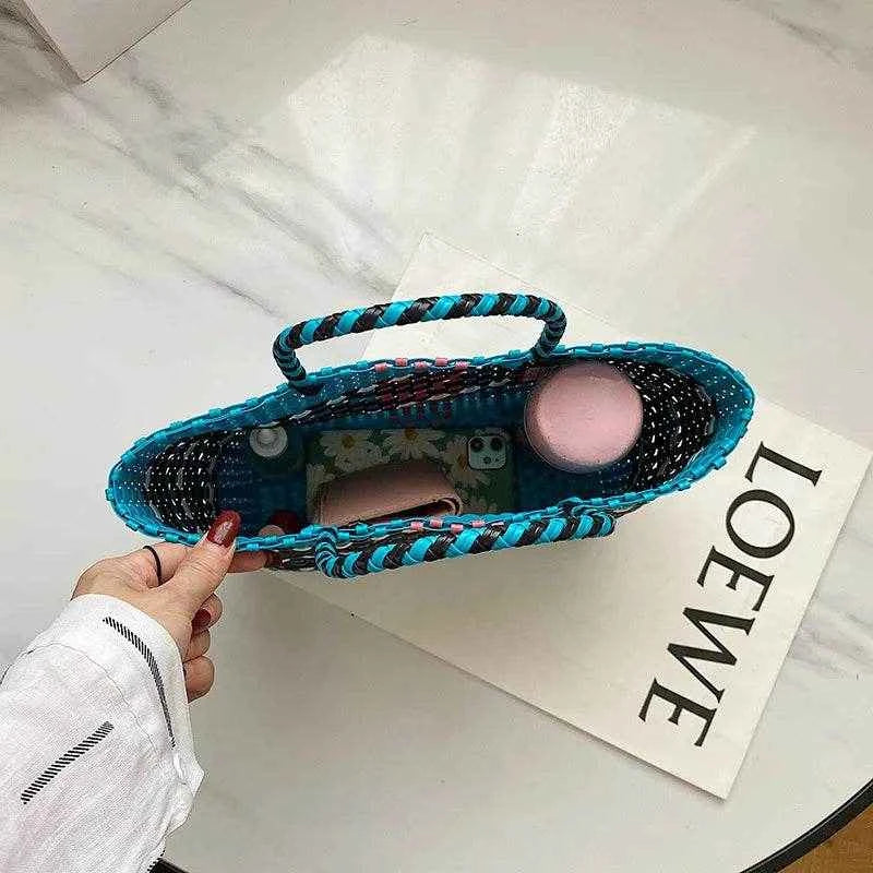 Plastic Woven Women's Handbag Handmade Bohemia Storage Basket Contrast Tote Bag Designer Summer Beach Bag Female Shoulder Bags