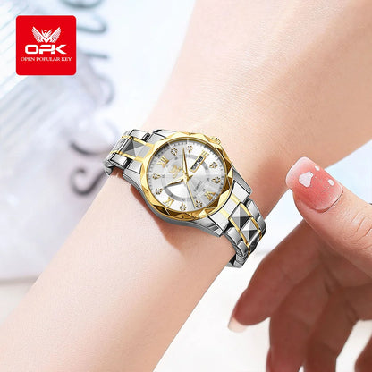 OPK Women Watches 6023L Elegant Fashion Original Quartz Watch for Lady Waterproof Stainless Steel Strap Small Dial Luminous Date - Qoraheyhub